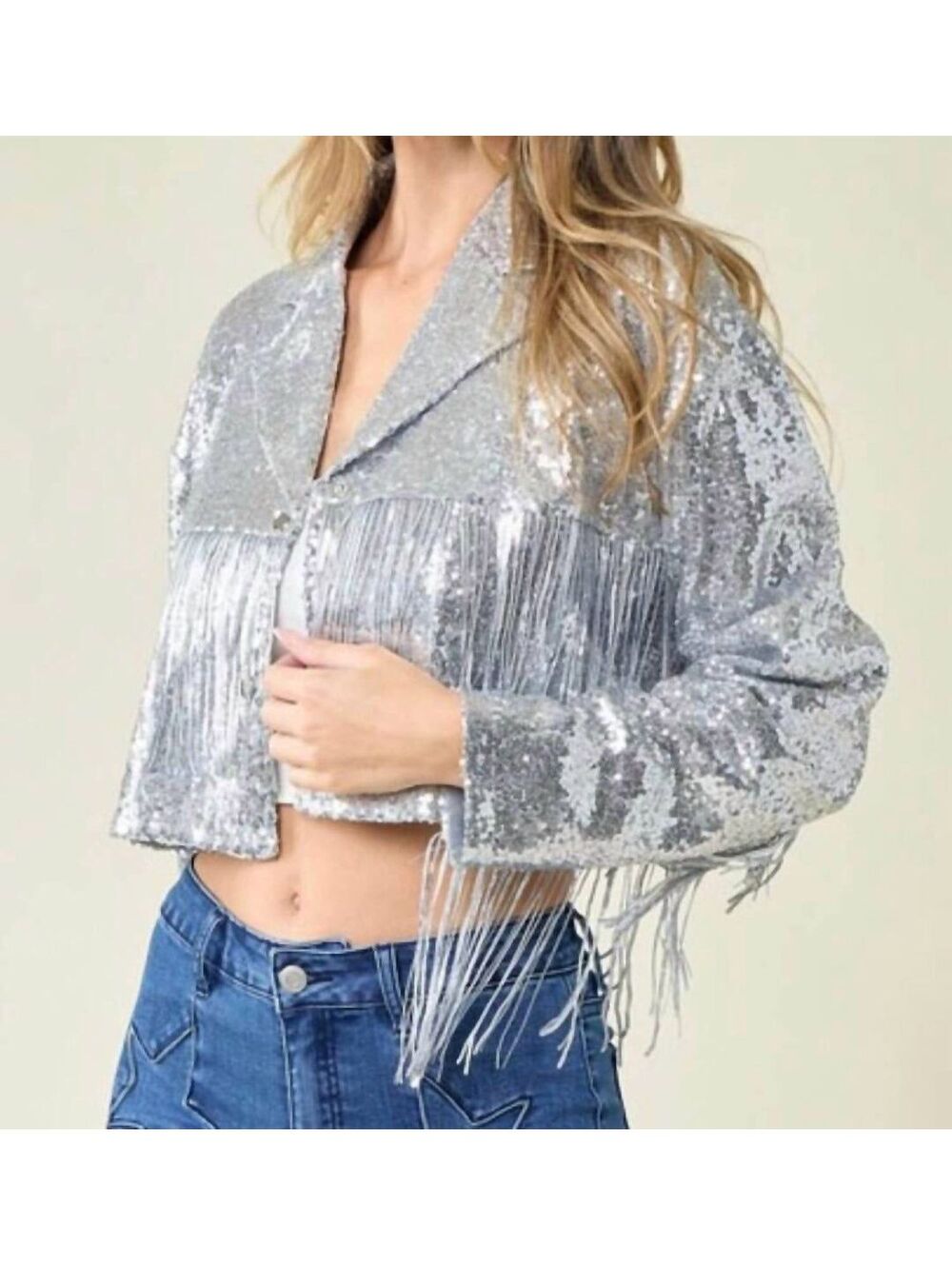 Saints & Hearts Rodeo Fringe Sequin Cropped Jacket In Silver